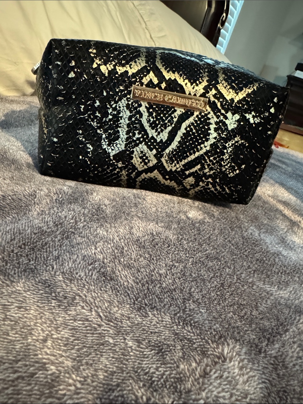 Vince Camuto Black and Cream Snake-Print Cosmetic Case